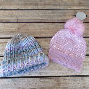 Lot of 2 beanie hats, one size, stretch, chunky & slouchy hat Pink, Multicolor